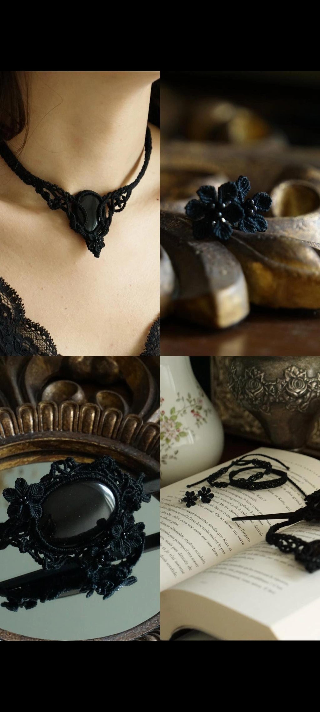 Bracelet Gothique en Micro macramé Noir avec Perles d’Agate et Onyx - Coton & Astrance