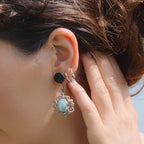 Boucles d'oreilles Trésors d'Ecume composée d'une Larimar bleu ciel ovales, mini Perles rondes en acier inoxydable argenté pour le côté luxe et précieux. Dormeuses en acier inoxydable pour un port assuré. Fil de Coton couleur lin naturel (beige gris) de 0, 5 mm tissé en micro-macramé en relief version celtique. Collage 3 photos : Bijoux posés et porté sur une femme bronzée et brune, et descriptif de composition visuel avec flèche 